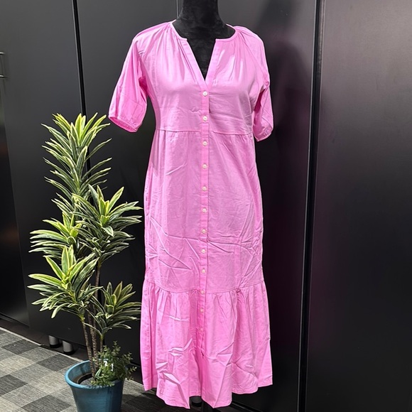LOFT V-neck,button down,short sleeve w/elastic band,ruffle hem,light cotton - Picture 1 of 9